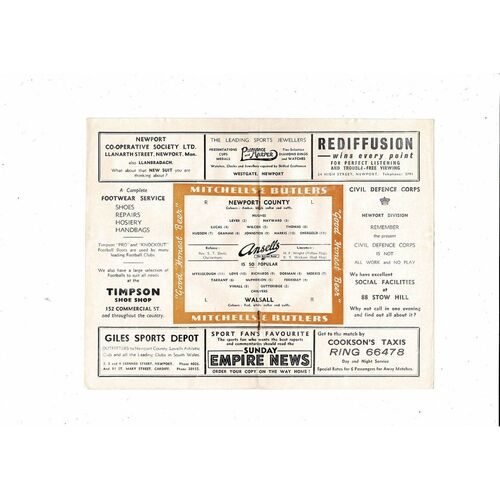 1954/55 Newport County v Walsall Football Programme