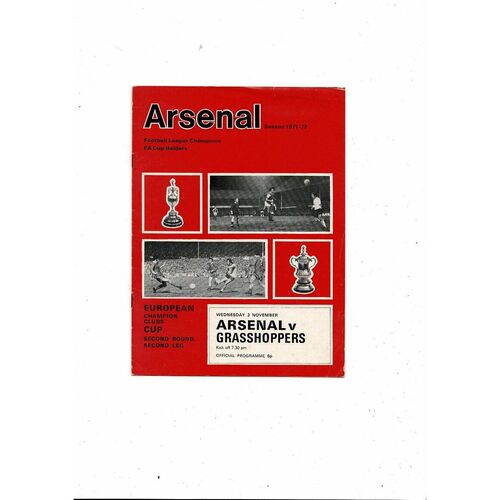 Arsenal v Grasshoppers European Cup Football Programme 1971/72