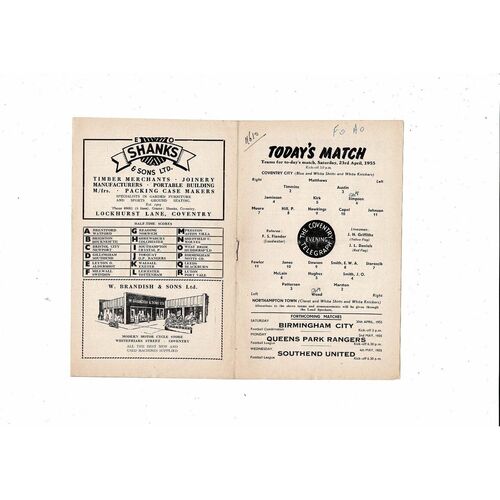 1954/55 Coventry City v Northampton Town Football Programme