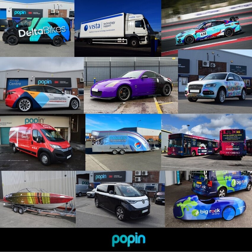Examples of different vehicle types wrapped, from vans to boats