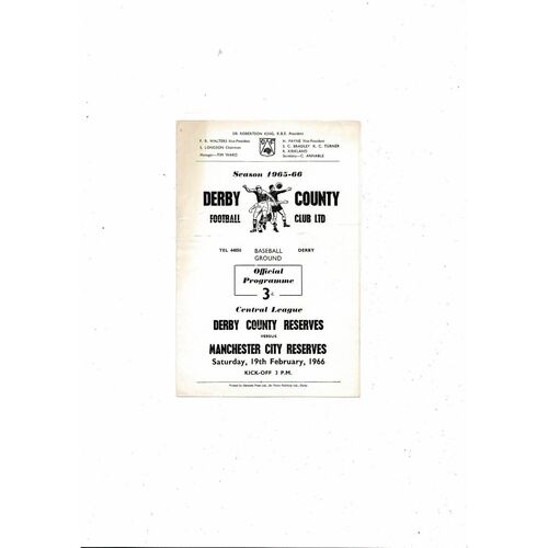 Derby County v Manchester City Central League Football Programme 1965/66
