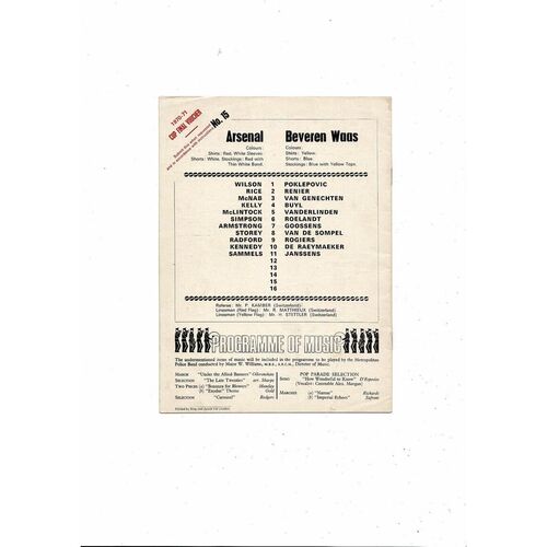 Arsenal v Beveren Waas Fairs Cup Football Programme 1970/71