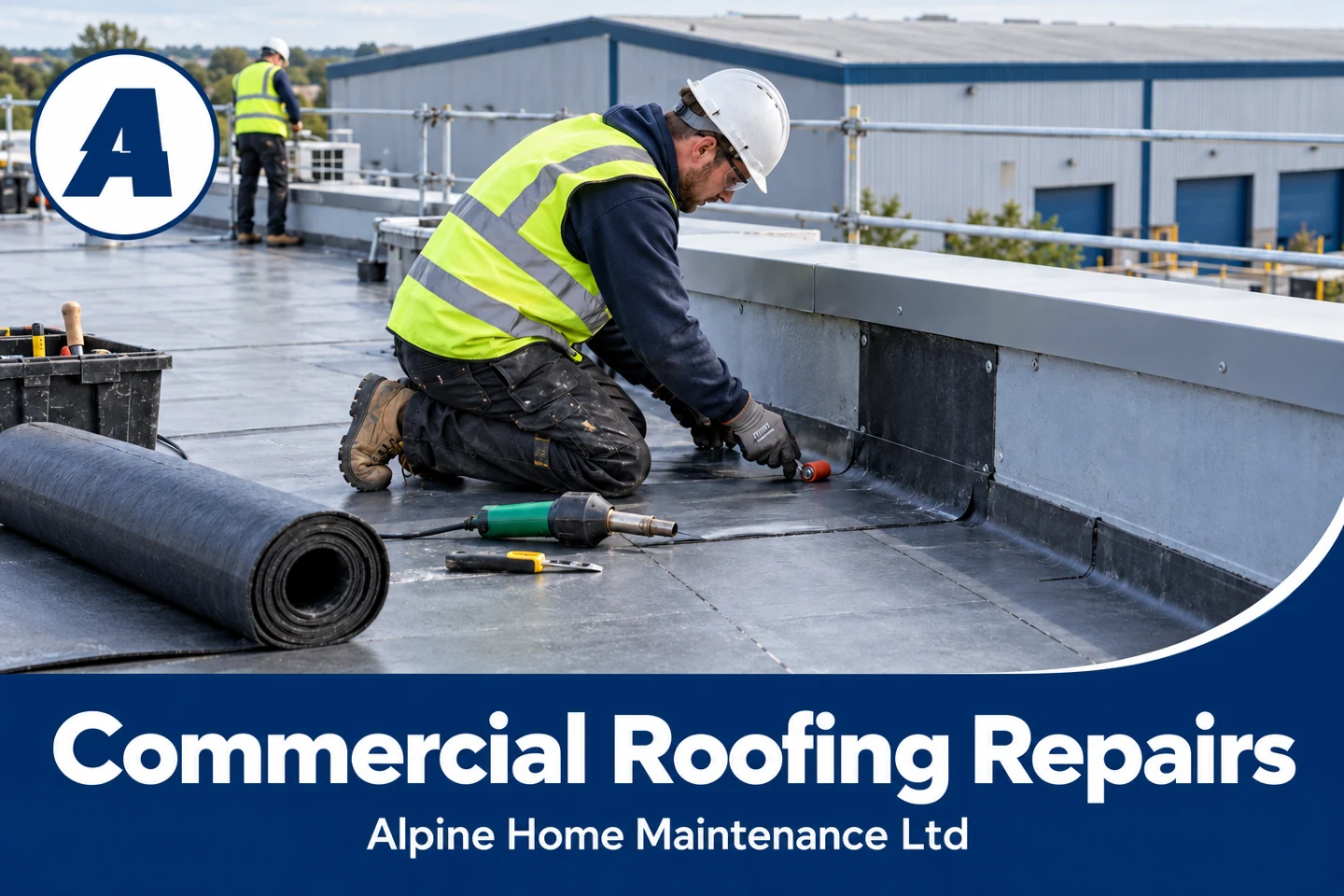 Alpine commercial roofing repairs illustration showing a roofer working on a flat roof membrane upstand