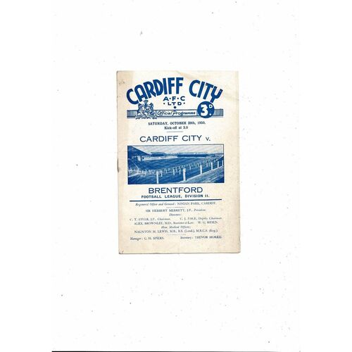1950/51 Cardiff City v Brentford Football Programme
