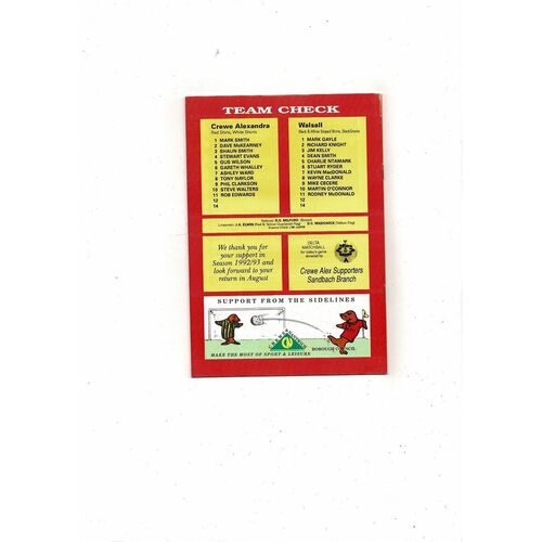 Crewe Alexandra v Walsall Play Off Football Programme 1992/93