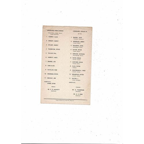 Bradford Park Avenue v Yorkshire League X1 Friendly Football Programme 1971/72
