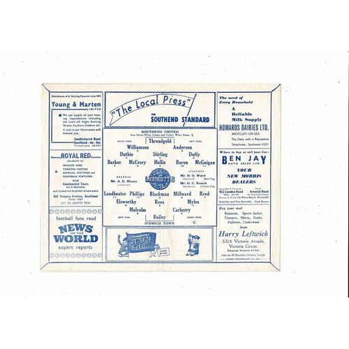 1956/57 Southend United v Ipswich Town Football Programme