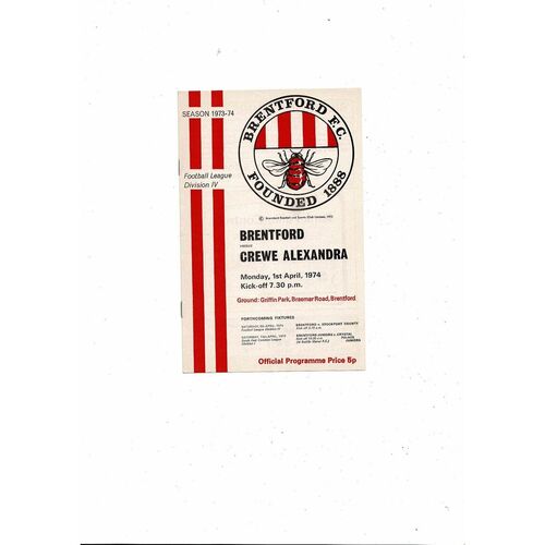 1973/74 Brentford v Crewe Alexandra Football Programme