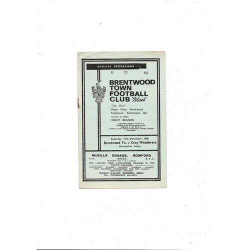 1966/67 Brentwood Town v Cray Wanderers Football Programme