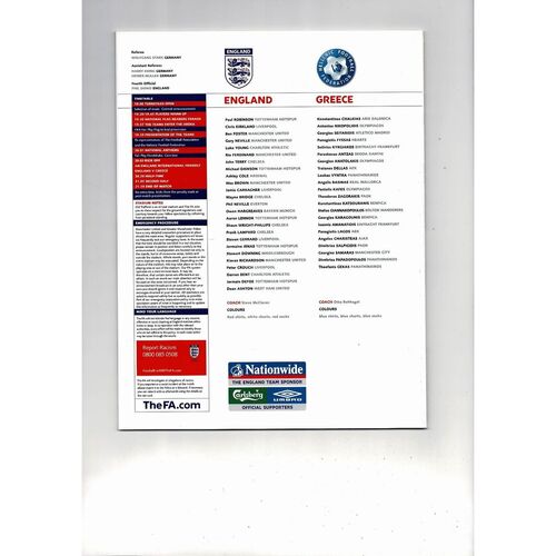 2006 England v Greece Football Programme @ Manchester United