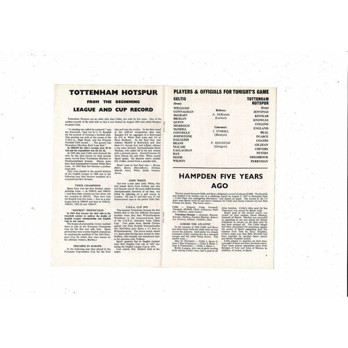 Celtic v Tottenham Hotspur Friendly Football Programme 1972/73