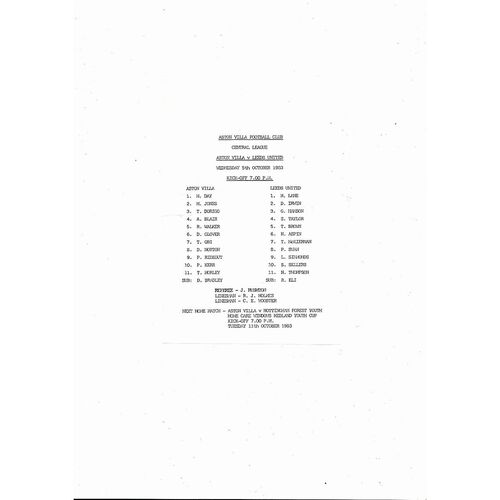 Aston Villa v Leeds United Central League Football Programme 1983/84