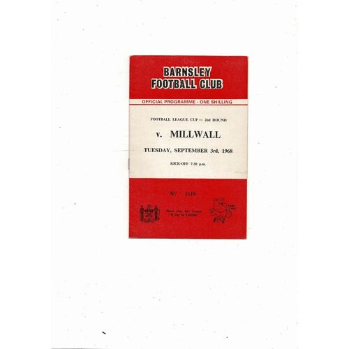 1968/69 Barnsley v Millwall League Cup Football Programme