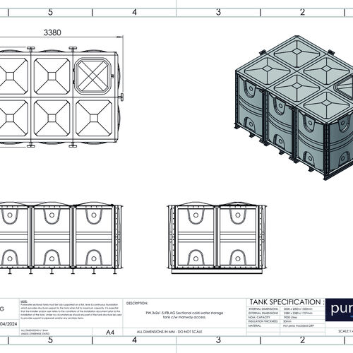 PW.3X2X1.5.IFB.AG - 9000  LITRE SECTIONAL WATER TANK, INTERNALLY FLANGED BASE (IFB)