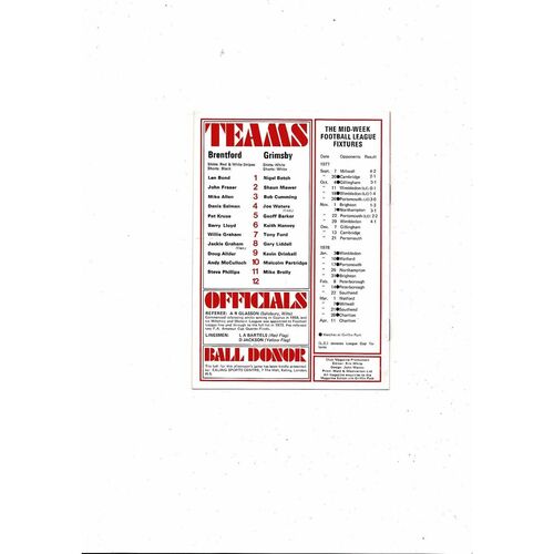 1977/78 Brentford v Grimsby Town Football Programme