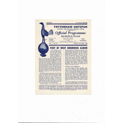 1957/58 Tottenham Hotspur v West Bromwich Albion Football Programme
