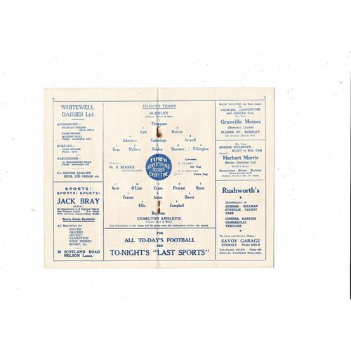 1953/54 Burnley v Charlton Athletic Football Programme
