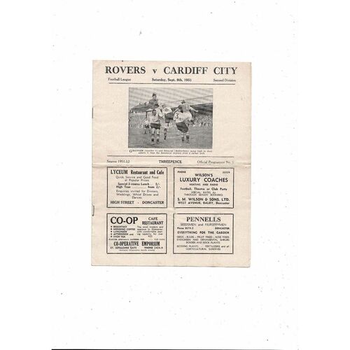 1951/52 Doncaster Rovers v Cardiff City Football Programme