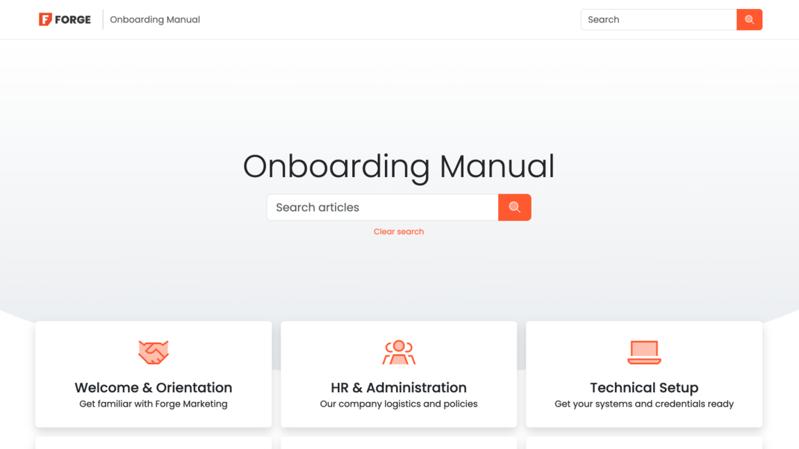 screenshot of a Webfactory KnowledgeBase onboarding demo website for onboarding.