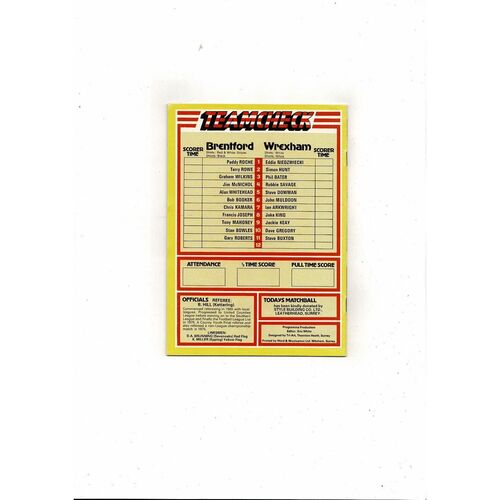 1982/83 Brentford v Wrexham Football Programme