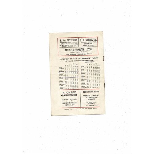 1957/58 Hounslow Town v Redhill Athenian League Football Programme