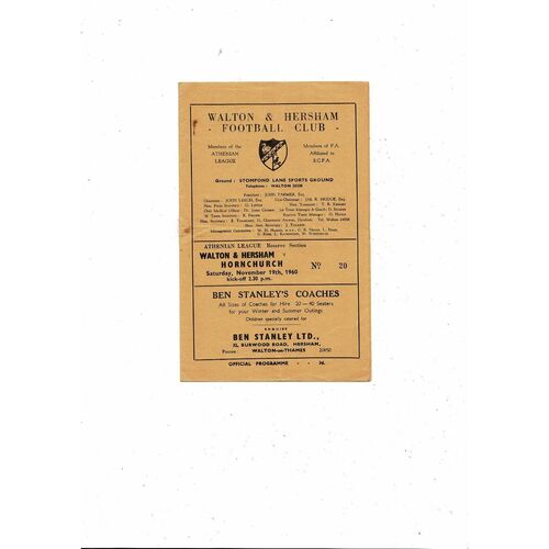 1960/61 Walton & Hersham v Hornchurch Athenian League Football Programme
