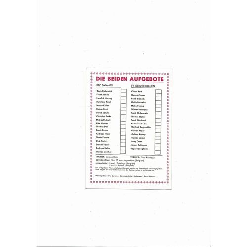 Dynamo Berlin v Werder Bremen European Cup Football Programme 1988/89
