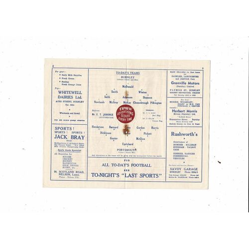 1956/57 Burnley v Portsmouth Football Programme