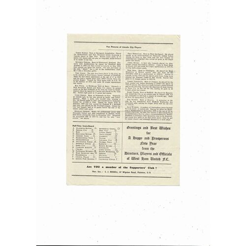 1956/57 West Ham United v Lincoln City Football Programme