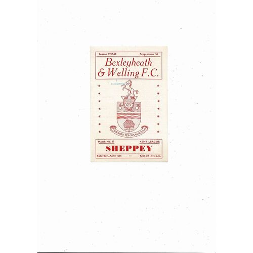 1957/58 Bexleyheath & Welling v Sheppey Kent League Football Programme
