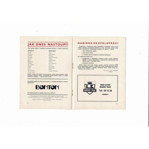 Sparta Prague v Benfica European Cup Football Programme 1991/92