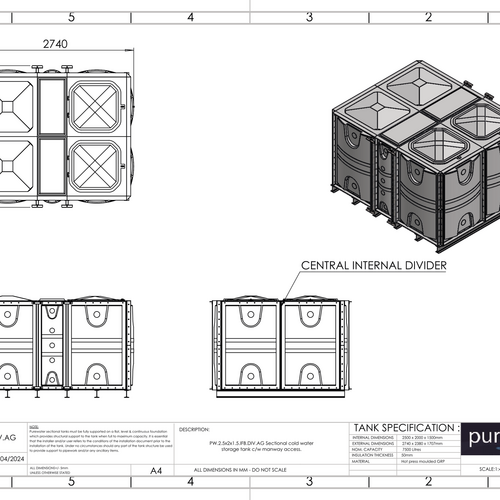 PW.2.5X2X1.5.IFB.DIV.AG(1+1) - 7500 LITRE DIVIDED SECTIONAL WATER TANK, INTERNALLY FLANGED BASE (IFB)