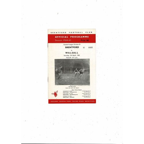 1964/65 Brentford v Walsall Football Programme