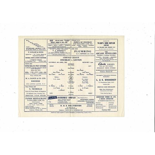 1962/63 Finchley v Leyton Athenian League Football Programme