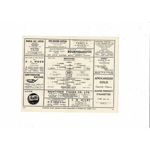 1954/55 Brentford v Bradford City FA Cup Football Programme