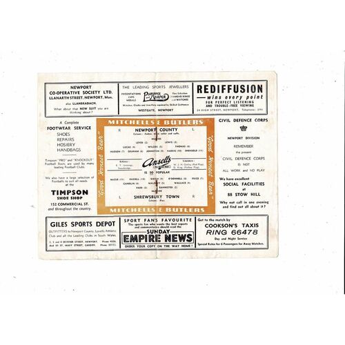 1954/55 Newport County v Shrewsbury Town Football Programme