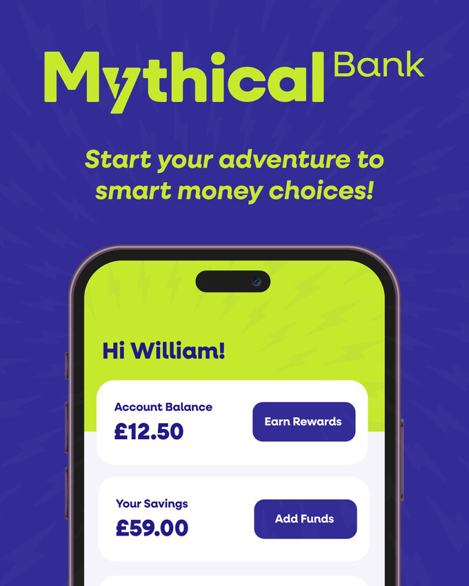 Mythical Bank App redesign from the apprentice. Childrens banking app bright green and dark blue. 