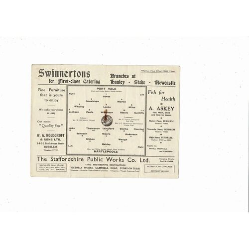 1958/59 Port Vale v Hartlepool United Football Programme