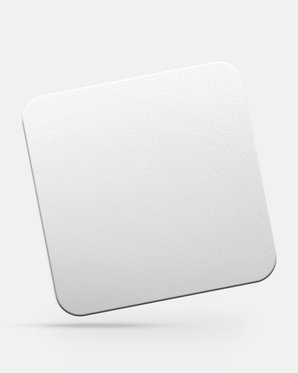 Minimalist white square card with rounded corners and subtle shadows, displayed on light grey background for mockup use.