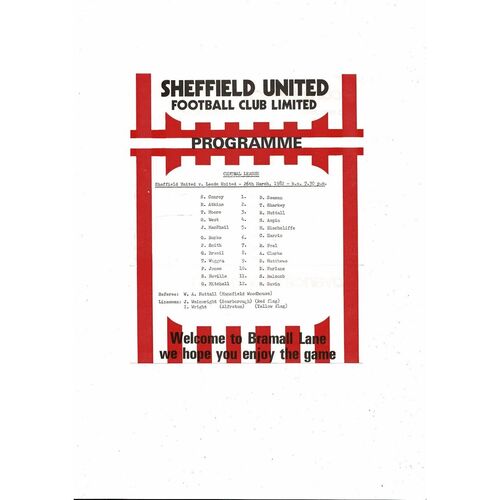 Sheffield United v Leeds United Central League Football Programme 1981/82