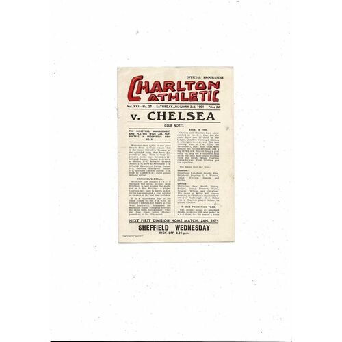 1953/54 Charlton Athletic v Chelsea Football Programme