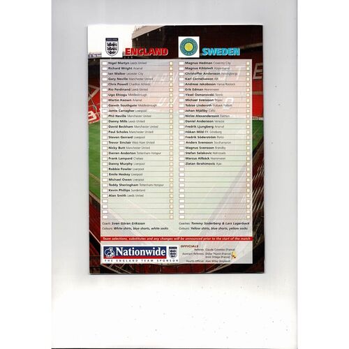 2001 England v Sweden Football Programme