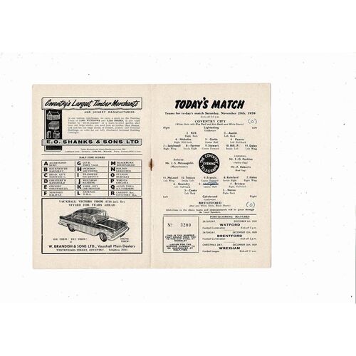 1959/60 Coventry City v Brentford Football Programme