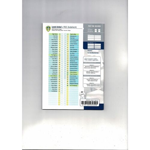 Leeds United v RSC Anderlecht Champions League Football Programme 2000/01