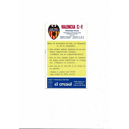 Valencia CF v Glasgow Rangers European Cup Winners' Cup Football Programme 1979/80