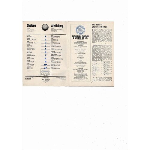Chelsea v Atvidaberg European Cup Winners Cup Football Programme 1971/72