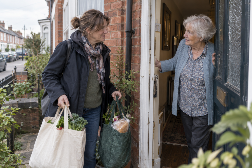 Daughter arriving at Mum’s home with shopping