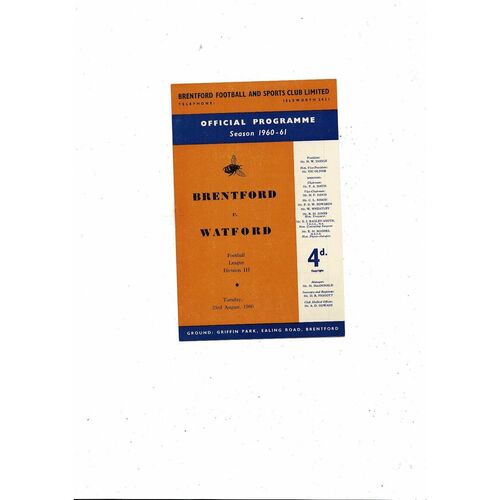 1960/61 Brentford v Watford Football Programme