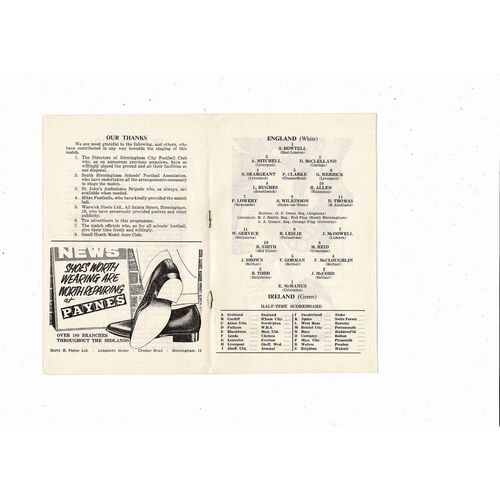 1965/66 England v Ireland schools International Football Programme @ Birmingham