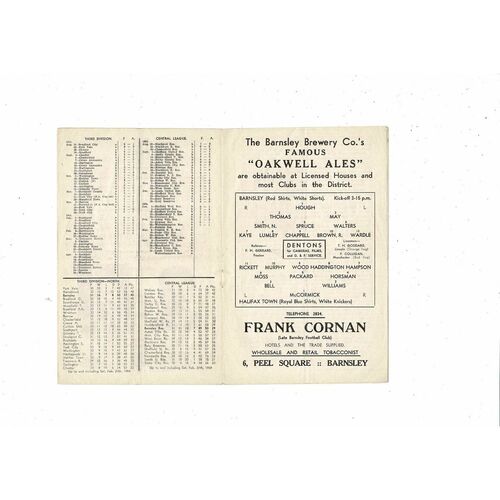 1953/54 Barnsley v Halifax Town Football Programme
